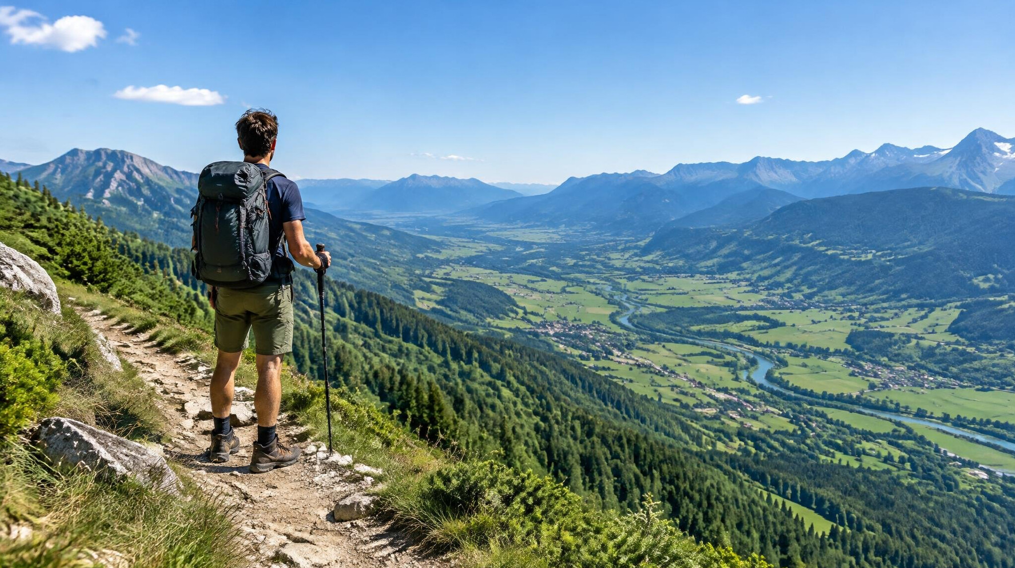 Hiker on a mountain trail overlooking a valley