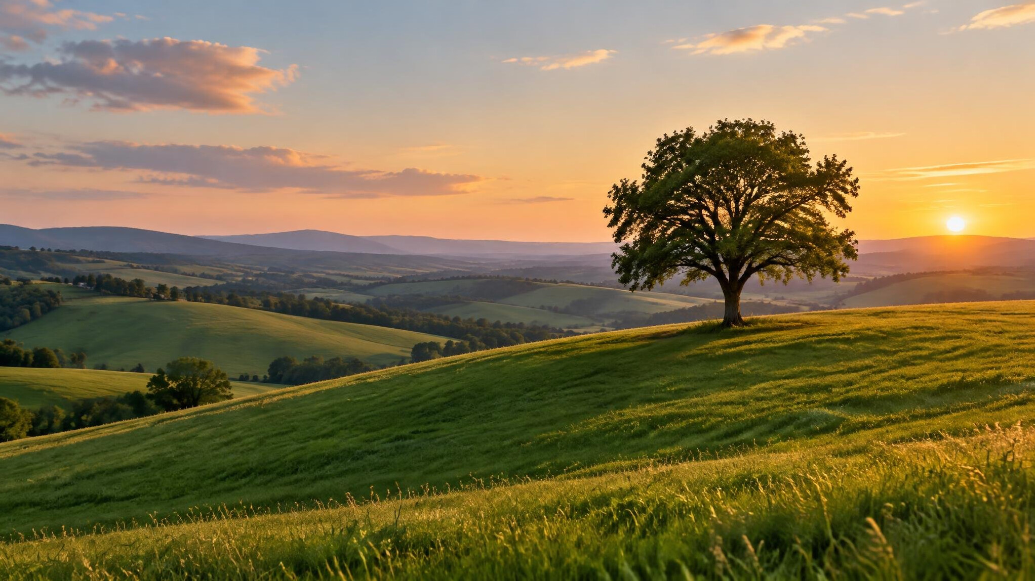Green rolling hills with a lone tree under soft light